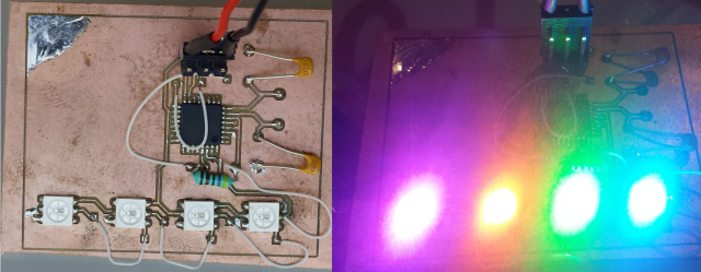 Initial proof of concept for the Glowy Shell project. Left is the populated pcb, right is a test program running on the board. The leds are amazingly bright.